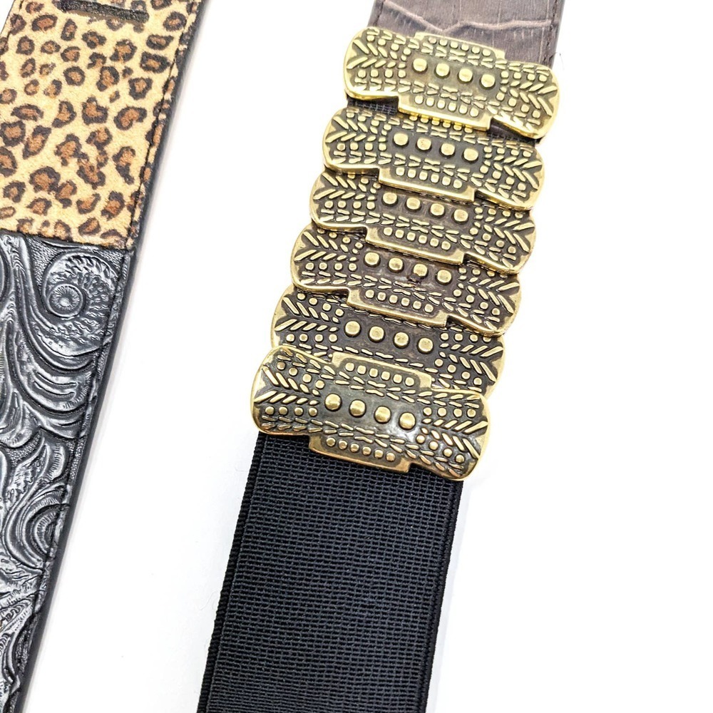 Chicos Belt Womens Medium Brown Black Leather Leopard Brass Gold Boho Western - Picture 4 of 12